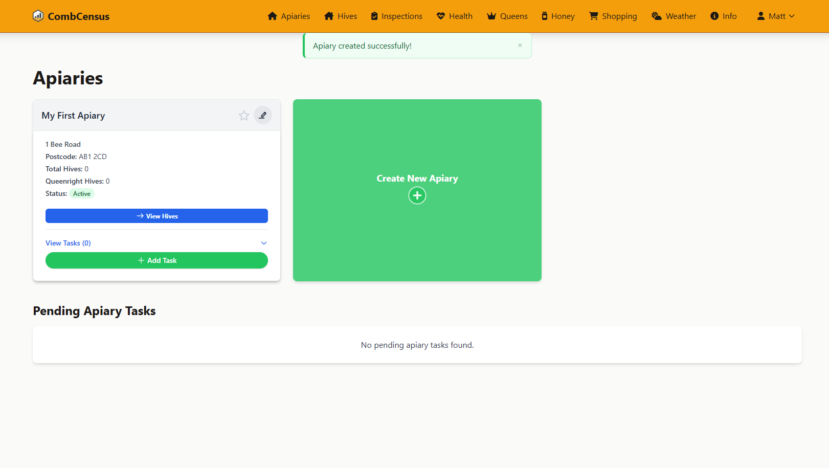 Screenshot: Apiary page with 'Add Hive' button highlighted