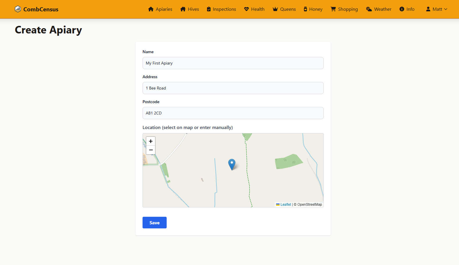 Screenshot: Apiary creation form with sample data filled in