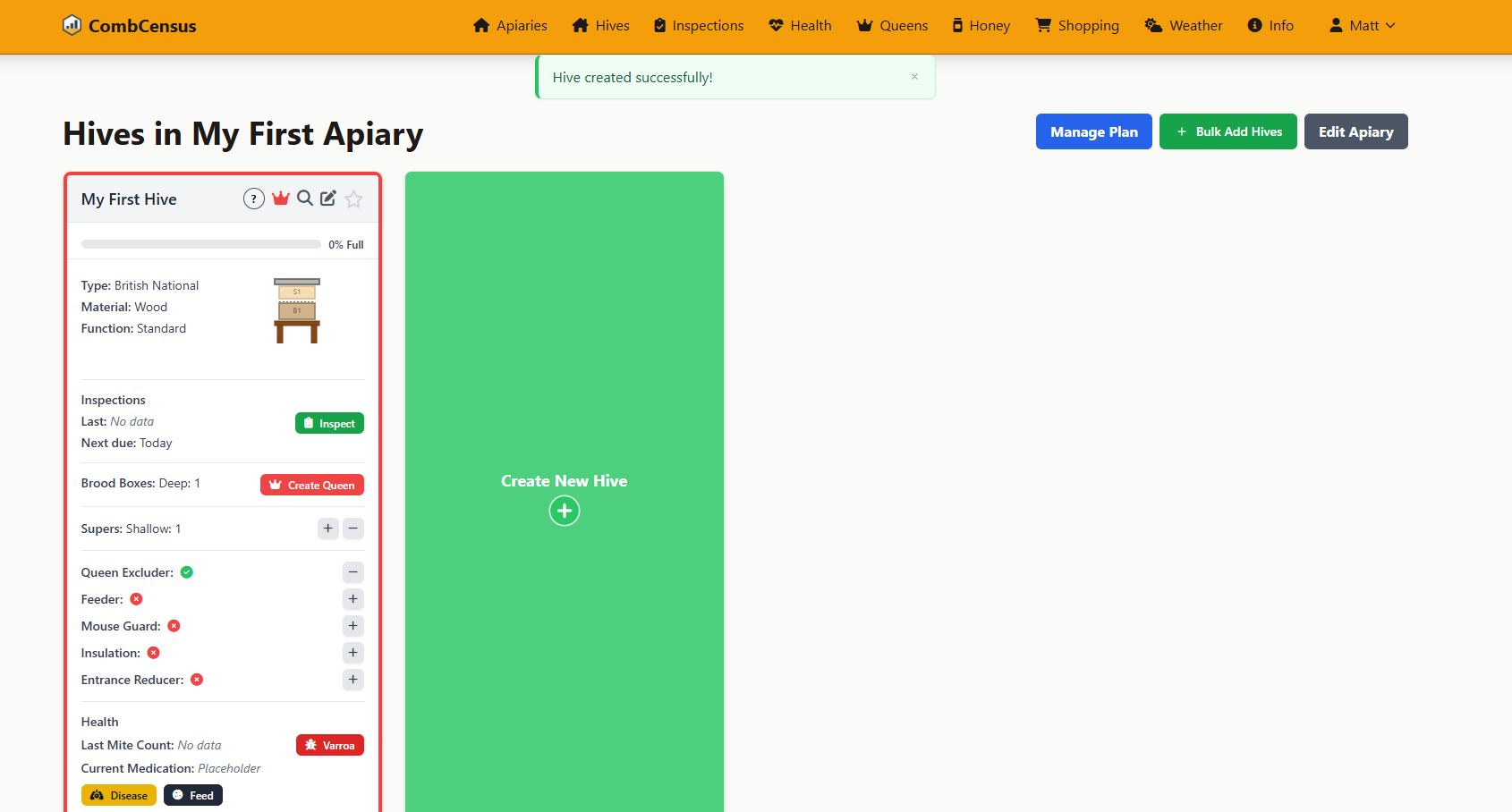 Screenshot: Newly created hive page showing configuration and empty inspection log